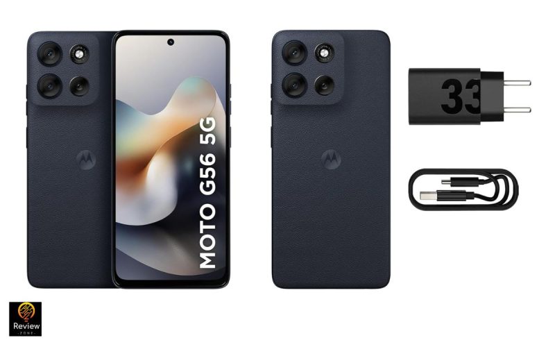 Smartphone Motorola Moto G56 5G na cor grafite, mostrando frente e verso, acompanhado de carregador TurboPower 33W e cabo USB tipo C.