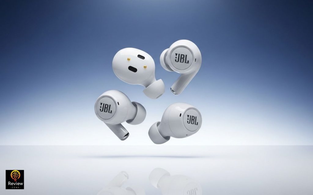 Fones de ouvido sem fio brancos organizados com acessórios sobre fundo branco