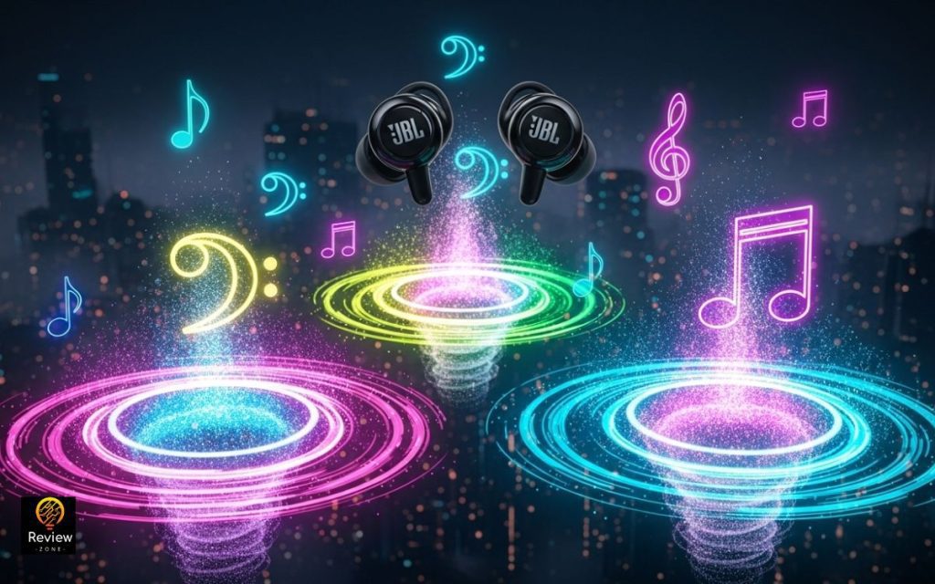 Fones de ouvido criando portal de energia com efeitos luminosos coloridos