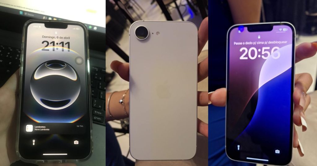 Apple iPhone 16e de 128 GB em diferentes ângulos, mostrando tela e design elegante
