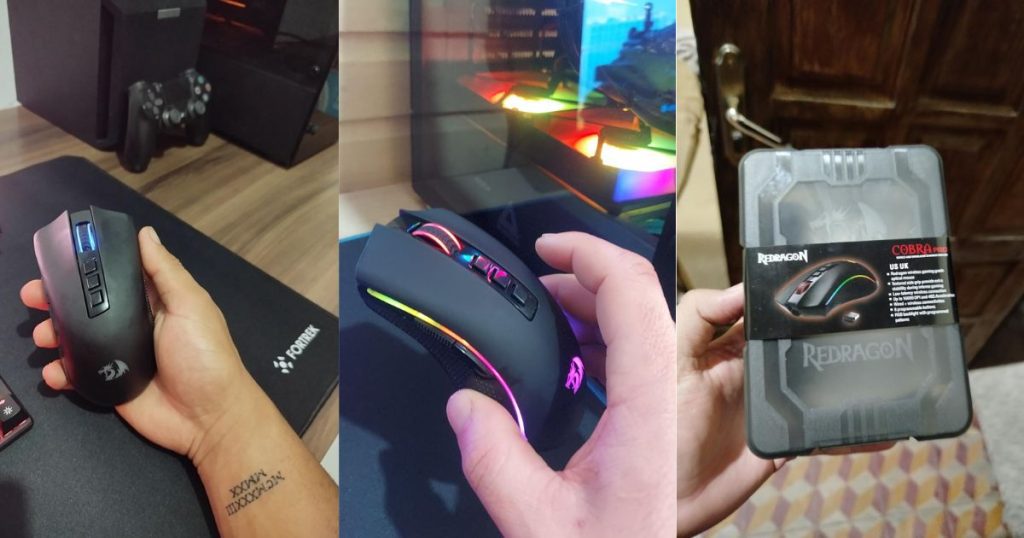 Mouse gamer Redragon Cobra Pro com iluminação RGB, botões programáveis e embalagem original.