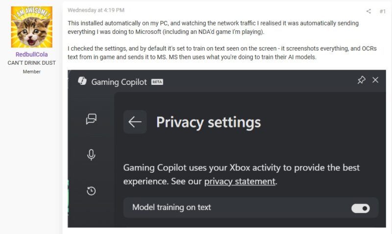 Captura de post falando das capturas de tela do Gaming Copilot