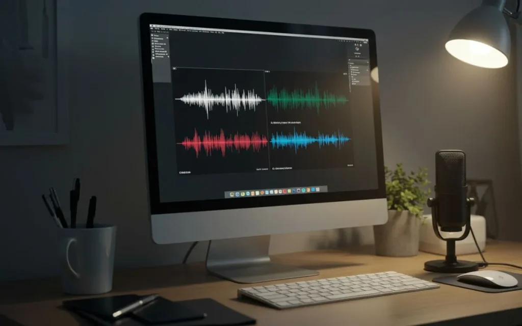 Computador com software de edição de áudio e microfone USB em mesa de gravação