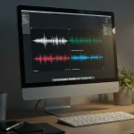 Computador com software de edição de áudio e microfone USB em mesa de gravação