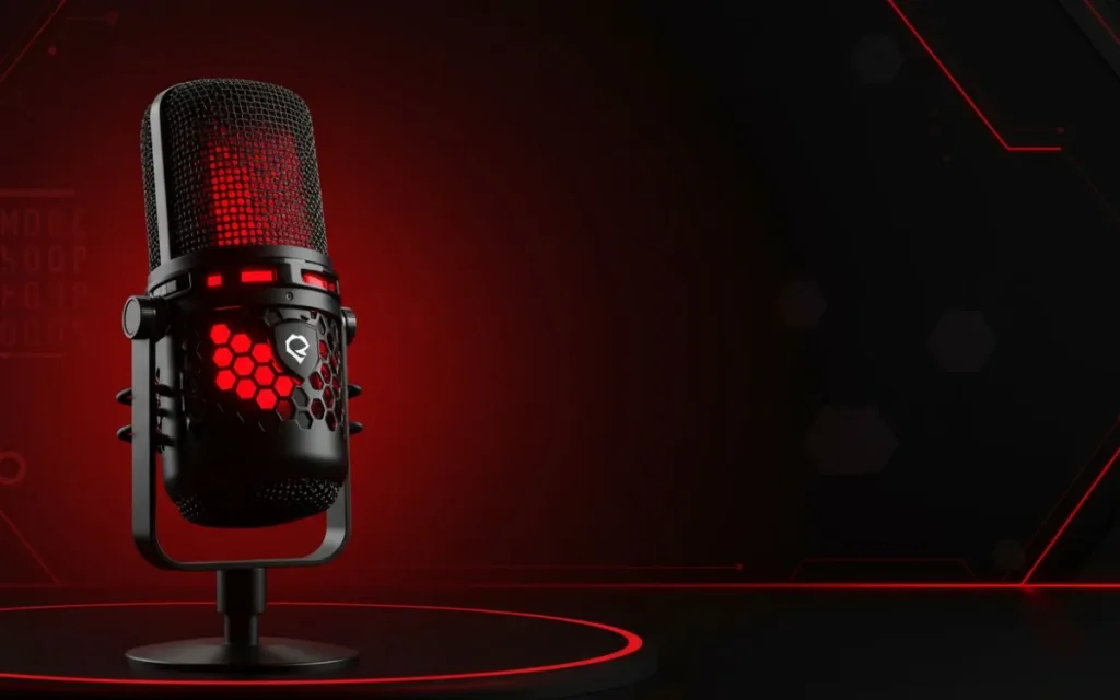 Microfone gamer preto com iluminação LED vermelha em fundo escuro com efeitos luminosos