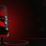 Microfone gamer preto com iluminação LED vermelha em fundo escuro com efeitos luminosos