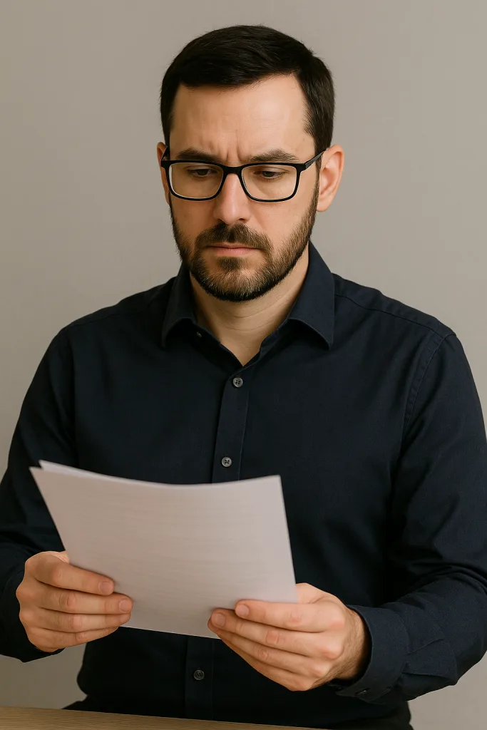  Foto profissional de um homem com cabelo escuro e barba, usando óculos de armação preta e camisa social escura, olhando para baixo enquanto lê um documento que segura com as duas mãos, contra um fundo neutro.