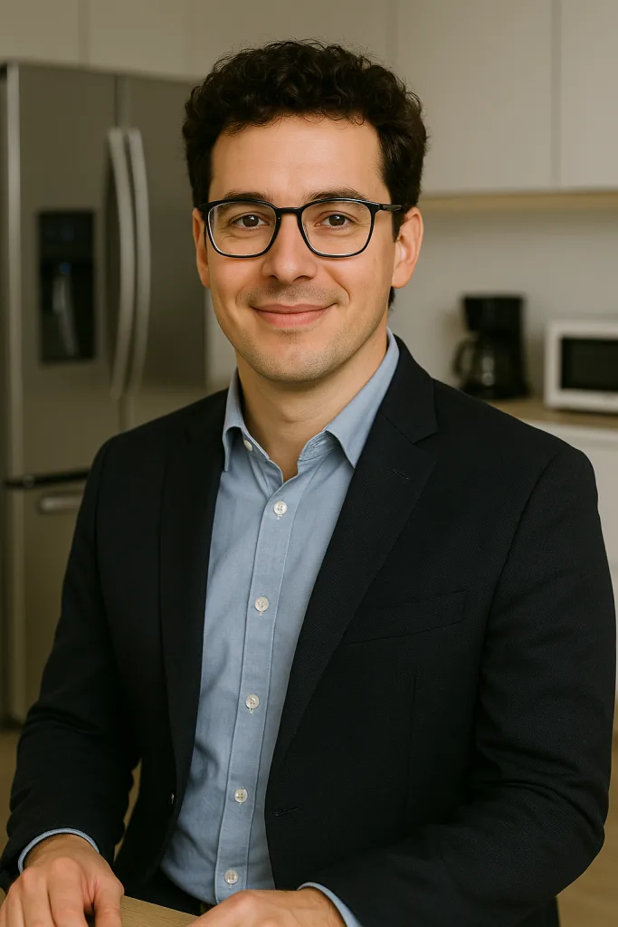  Retrato profissional de um homem com cabelo escuro e cacheado, usando óculos de armação preta, blazer escuro sobre uma camisa social azul-clara, sorrindo para a câmera em um ambiente que parece ser uma cozinha moderna ou escritório, com armários brancos ao fundo.