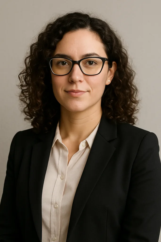  Foto profissional de uma mulher com cabelo escuro cacheado, usando óculos de armação preta, blazer escuro sobre uma camisa social clara, sorrindo calorosamente para a câmera contra um fundo neutro.