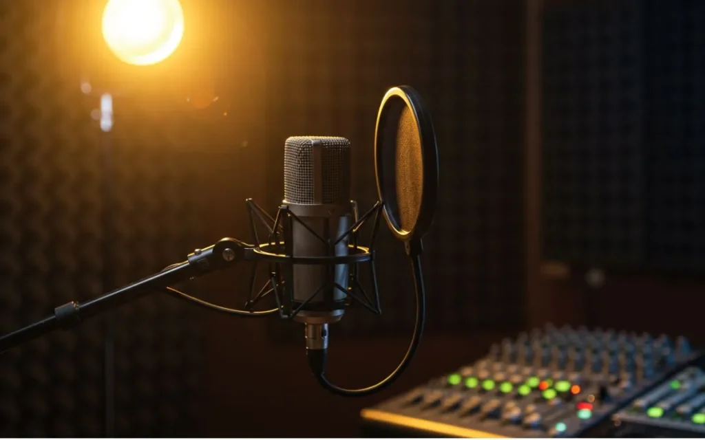 Microfone condensador com filtro pop em estúdio de gravação iluminado.