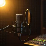 Microfone condensador com filtro pop em estúdio de gravação iluminado.