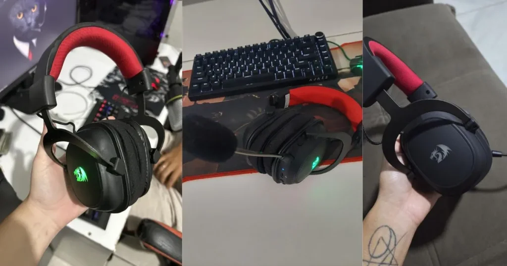 Headset gamer Redragon Zeus X Wireless em uso, com iluminação RGB e microfone conectado, mostrado em diferentes ângulos.