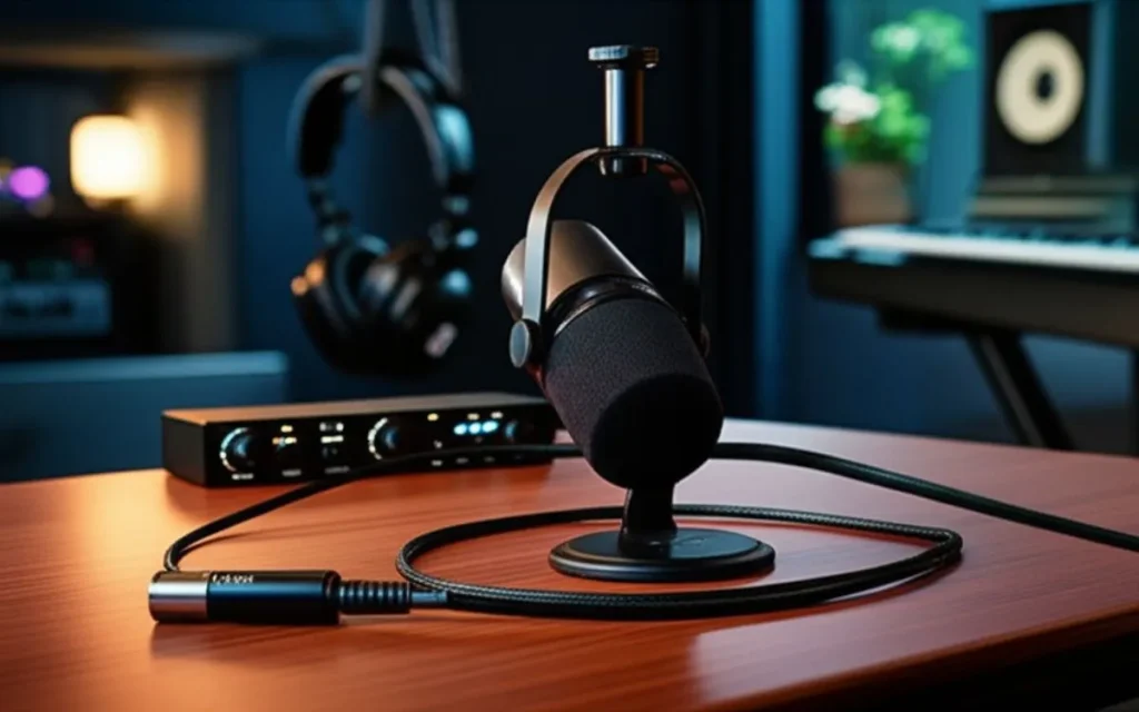 Microfone Shure MV7X conectado a interface de áudio em estúdio com iluminação suave e ambiente profissional.