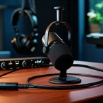 Microfone Shure MV7X conectado a interface de áudio em estúdio com iluminação suave e ambiente profissional.