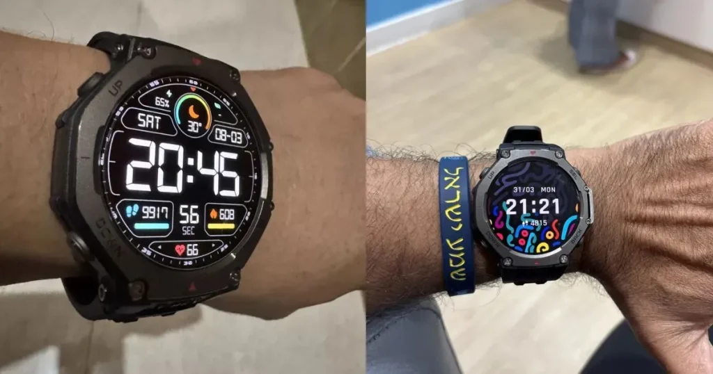 Smartwatch Amazfit T-Rex 3 mostrando dados de atividade física, incluindo hora, nível de SPI-1, bateria em 55%, temperatura de 5°C e data de 31 de março