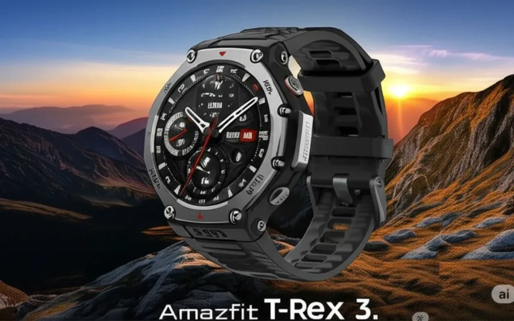Smartwatch Amazfit T-Rex 3 em um cenário montanhoso ao pôr do sol, com design robusto e mostrador detalhado.
