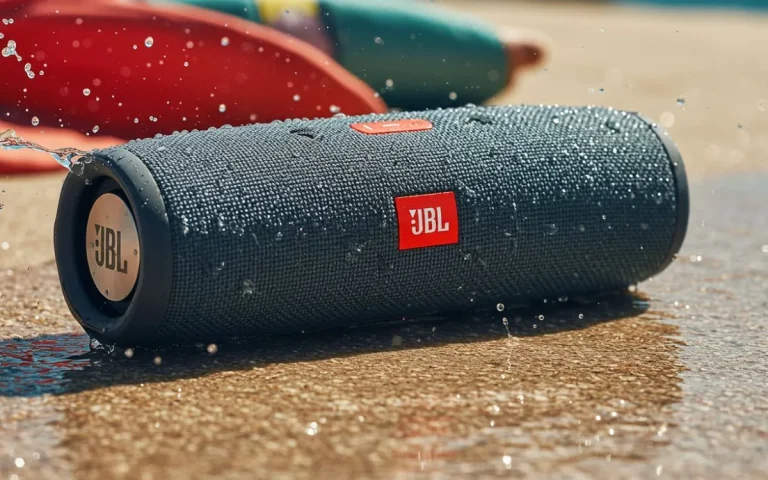 Caixa de som JBL preta com gotas de água sobre superfície molhada na praia