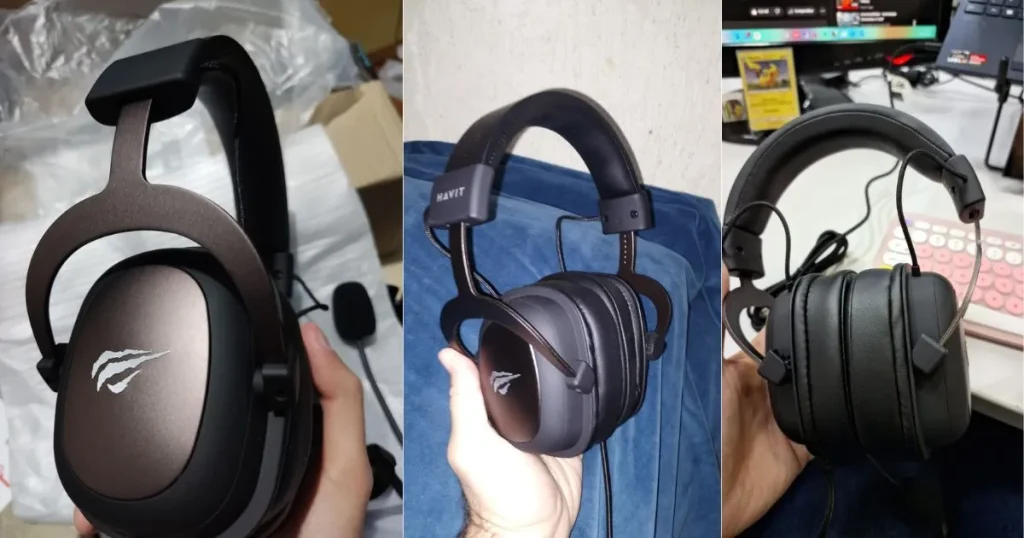 Headset gamer Havit HV-H2002d visto de diferentes ângulos, com estrutura robusta, almofadas acolchoadas e microfone destacável.

