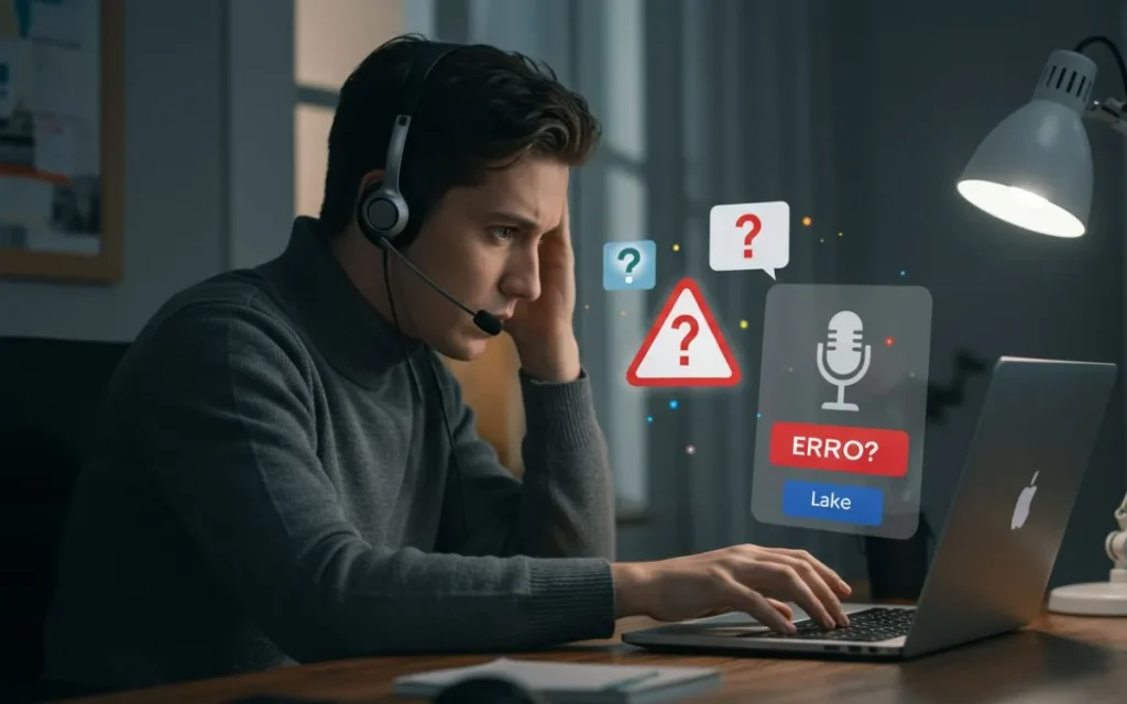 Homem preocupado usando headset diante de erro de microfone no notebook pois o microfone não funciona no pc.

