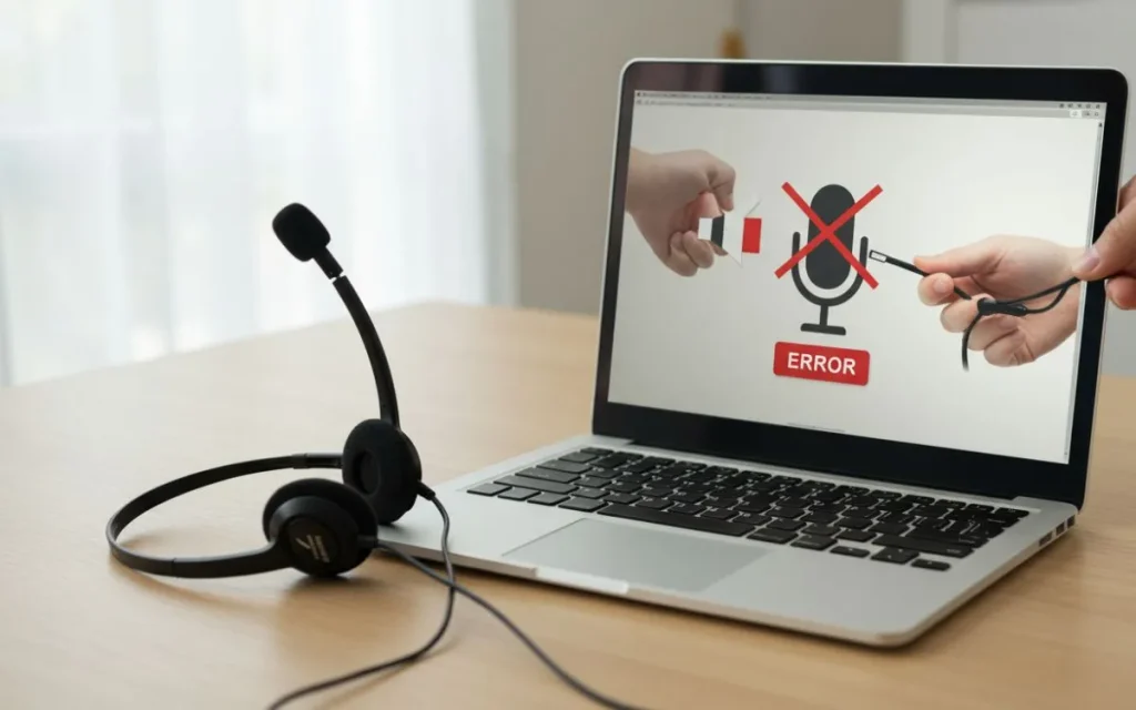 Erro de microfone no notebook com headset ao lado