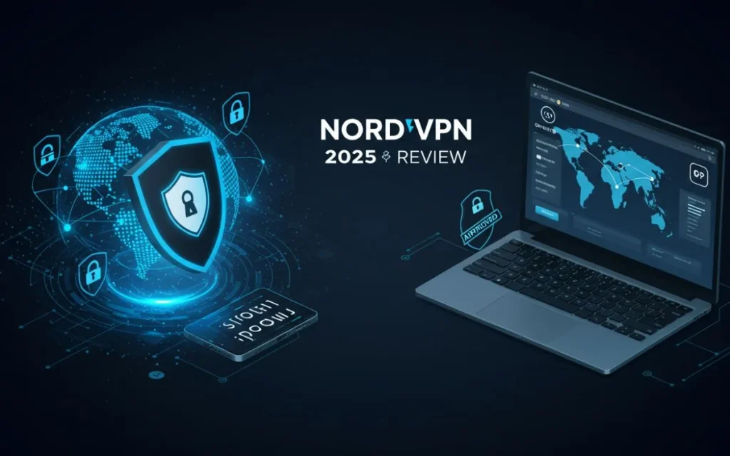 NordVPN 2025 review cover image featuring digital security shield, world map with network connections, and laptop displaying VPN interface on dark tech background