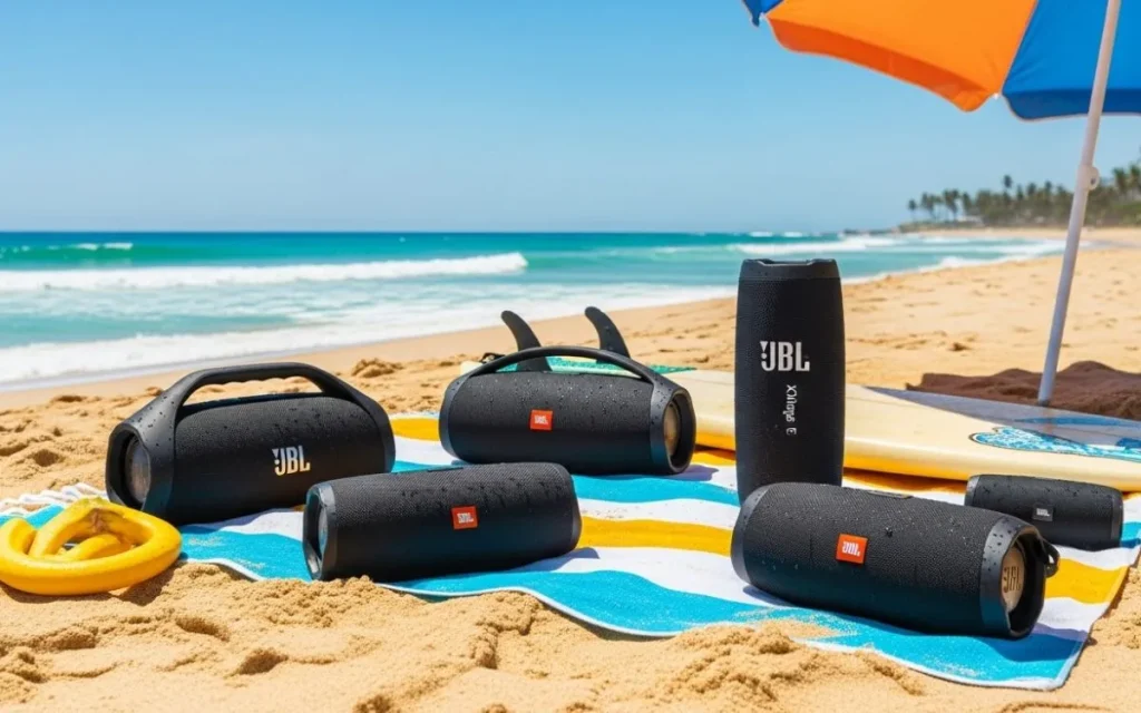 Cinco caixas de som JBL dispostas sobre canga listrada na praia com mar azul turquesa ao fundo