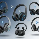 Coleção de fones de ouvido Bluetooth premium 2025 incluindo modelos over-ear e earbuds com símbolos de conectividade sem fio