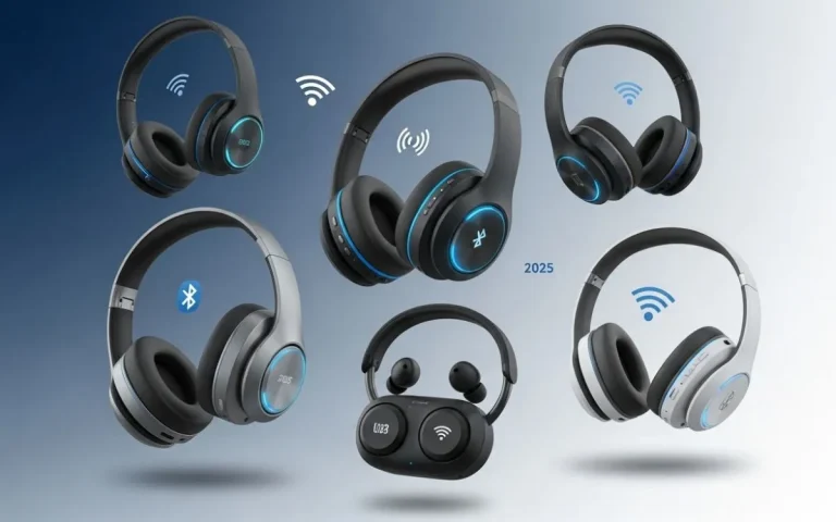 Coleção de fones de ouvido Bluetooth premium 2025 incluindo modelos over-ear e earbuds com símbolos de conectividade sem fio