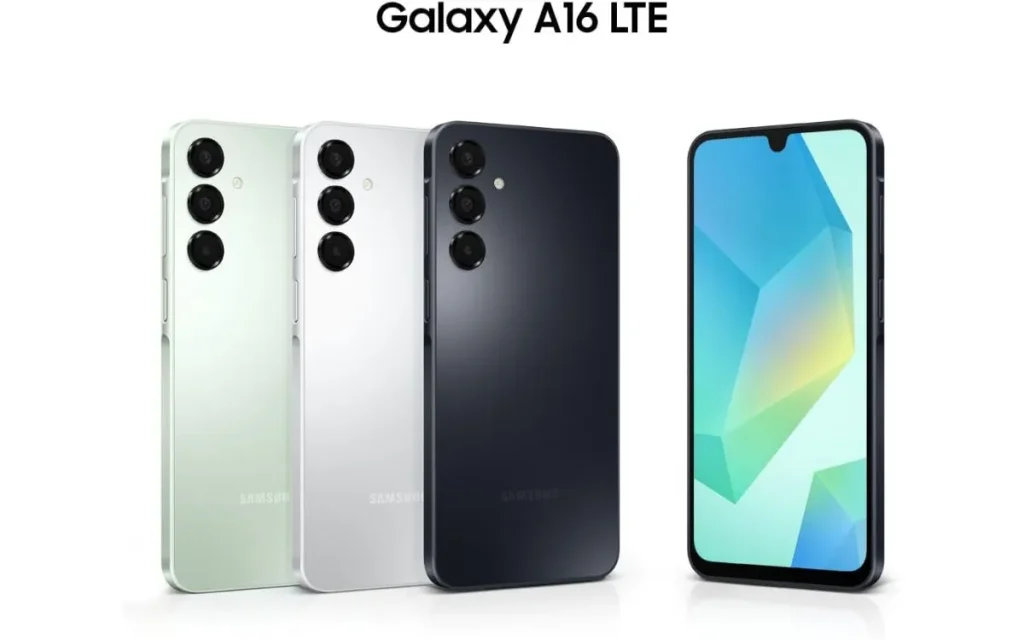 Cores disponíveis do Samsung Galaxy A16 LTE com três modelos exibindo a traseira e um mostrando a tela.