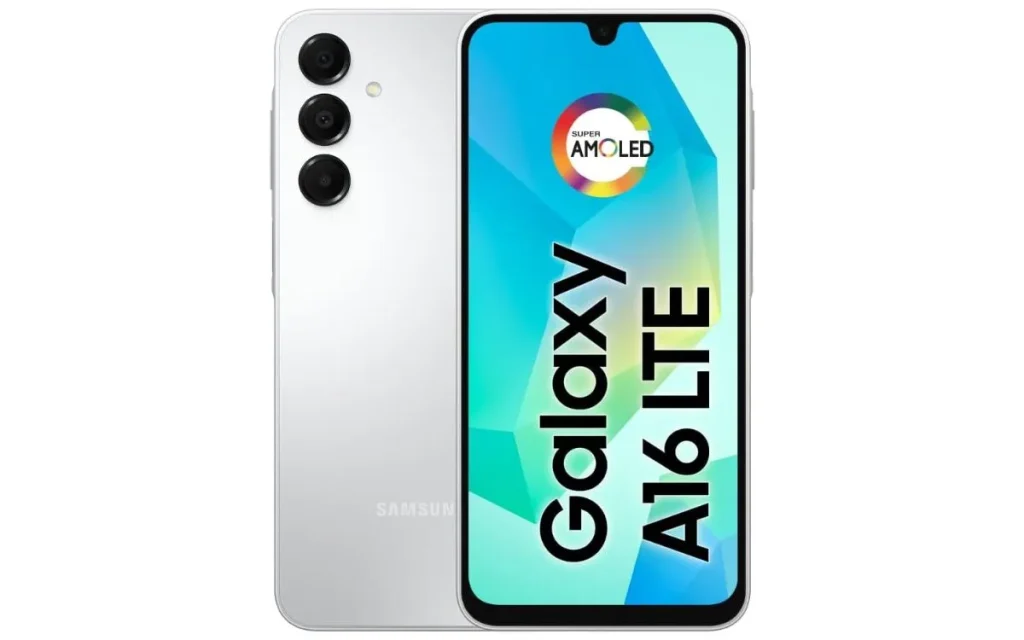 Imagem do smartphone Samsung Galaxy A16 LTE na cor branca, com destaque para a tela Super AMOLED. Samsung Galaxy A16 é bom