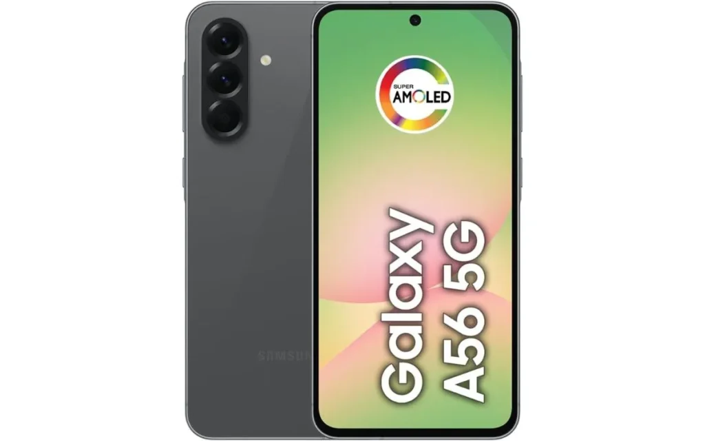 Smartphone Samsung Galaxy A56 5G na cor preta, com tela Super AMOLED ligada exibindo o nome do modelo.
Samsung Galaxy A56 é bom?