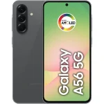 Smartphone Samsung Galaxy A56 5G na cor preta, com tela Super AMOLED ligada exibindo o nome do modelo.