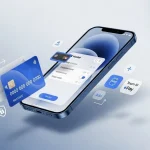 Cartão de crédito sendo adicionado digitalmente a um iPhone com Apple Pay.