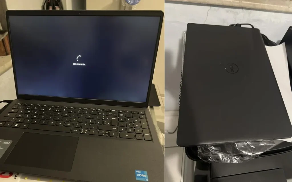 Notebook Dell Inspiron 15 é bom? Review completo com prós e contras 7 Notebook Dell preto aberto mostrando tela de carregamento e vista traseira fechado
