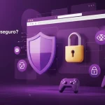 Capa Opera GX é seguro com janela de navegador, escudo roxo, cadeado e controles de videogame em design gaming