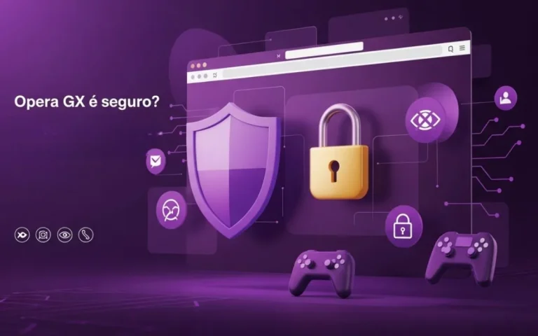 Capa Opera GX é seguro com janela de navegador, escudo roxo, cadeado e controles de videogame em design gaming