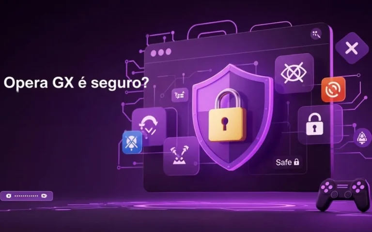 Capa do artigo Opera GX é seguro com escudo de proteção, cadeado e ícones de privacidade em tema roxo gaming