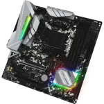 Placa-mãe ASRock B450M Steel Legend com iluminação RGB e design camuflado em preto, branco e cinza.