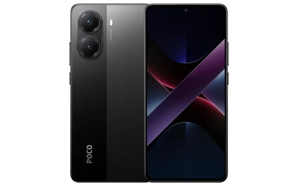Smartphone Xiaomi Poco X7 Pro na cor preta, mostrando a parte frontal com tela AMOLED e a traseira com câmera dupla.