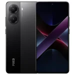 Smartphone Xiaomi Poco X7 Pro na cor preta, mostrando a parte frontal com tela AMOLED e a traseira com câmera dupla.