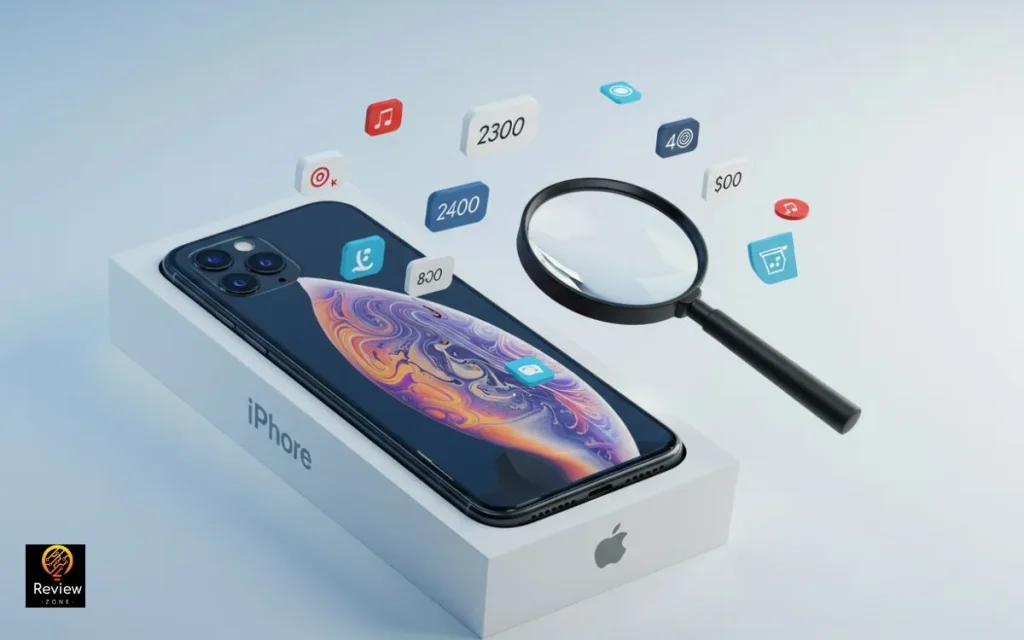 iPhone na caixa com lupa e ícones de estatísticas