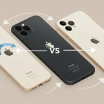 Três iPhones, dourado preto e dourado, lado a lado comparando design