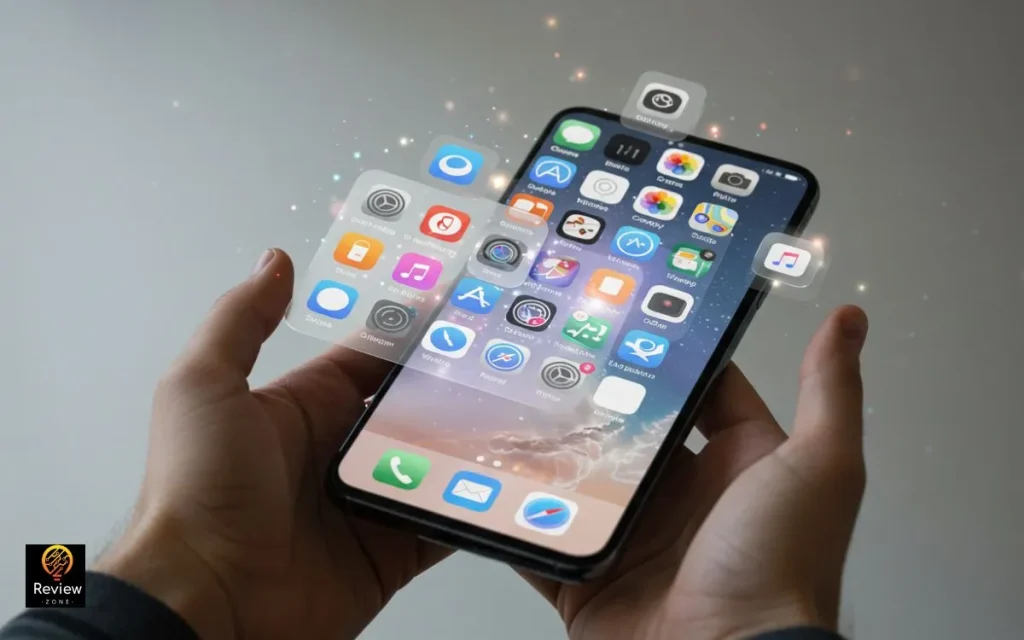 Mão segurando iPhone com tela cheia de aplicativos flutuando