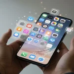 Mão segurando iPhone com tela cheia de aplicativos flutuando