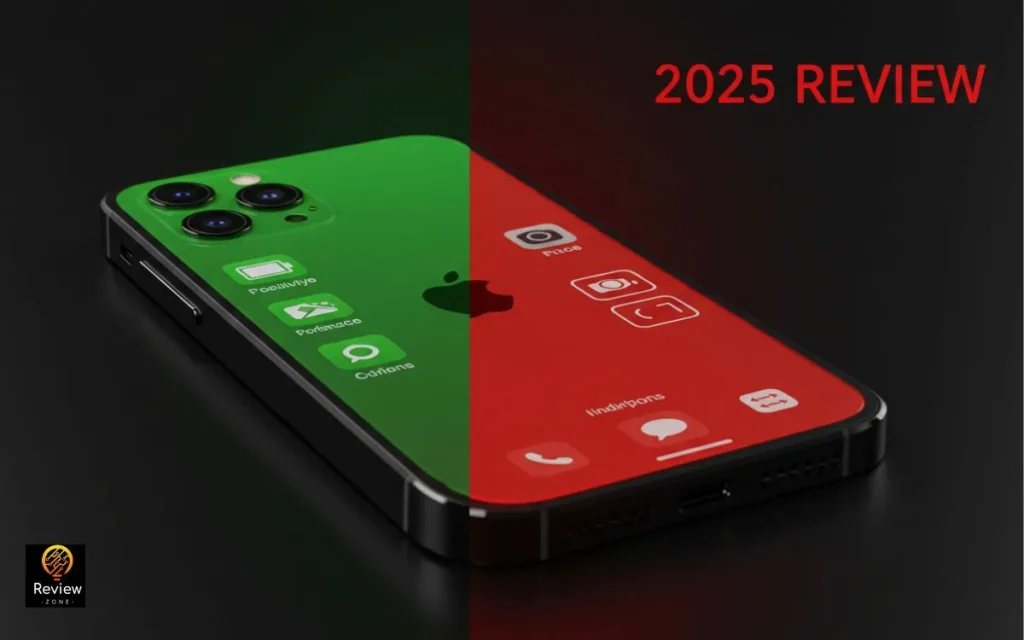 iPhone com tela dividida verde e vermelha mostrando apps