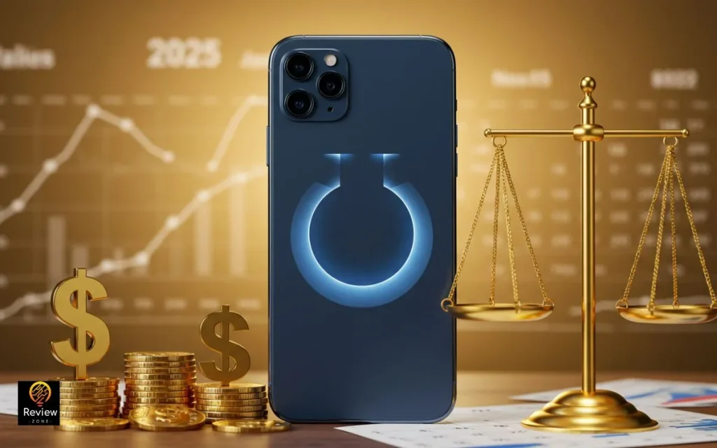 iPhone azul com gráficos de balanço e moedas