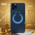iPhone azul com gráficos de balanço e moedas