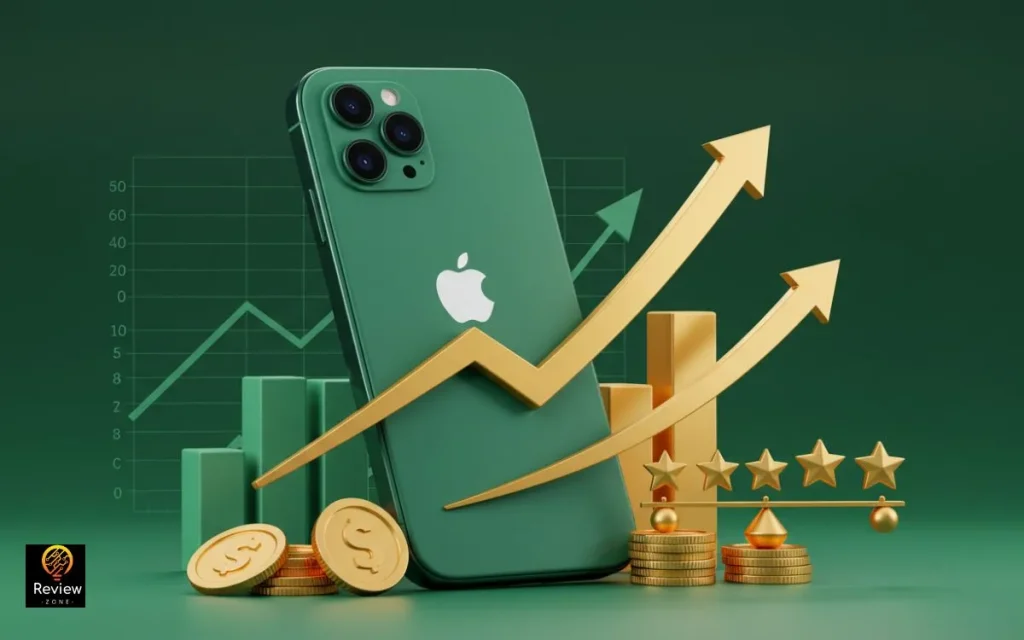 Phone verde com gráficos de crescimento e moedas