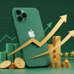 Phone verde com gráficos de crescimento e moedas