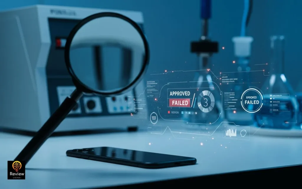 iPhone em mesa de teste com lupa e dados digitais flutuando